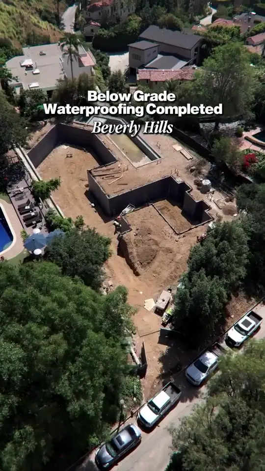 Below-grade — Beverly Hills — Estate foundation waterproofing, completed and backfill-ready.